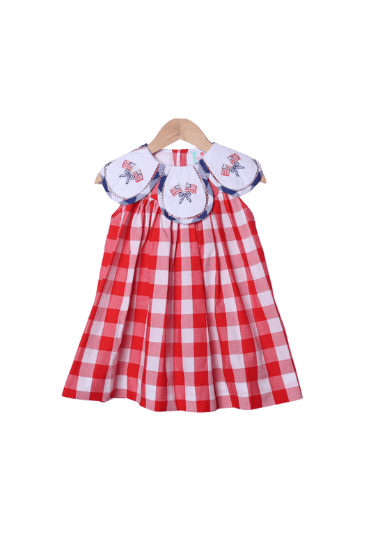 The Smocked Flamingo Apparel & Accessories Hand Embroidered American Flag Red Buffalo Check Tulip Dress