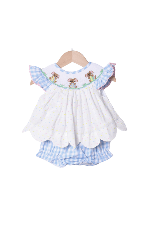 The Smocked Flamingo Apparel & Accessories Smocked Bunny Blue Seersucker Gingham Bloomer Set