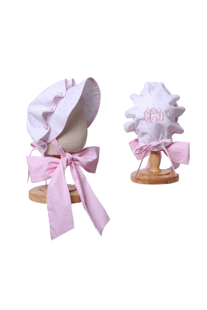 The Smocked Flamingo Apparel & Accessories White and Pink Swiss Dot Bonnet