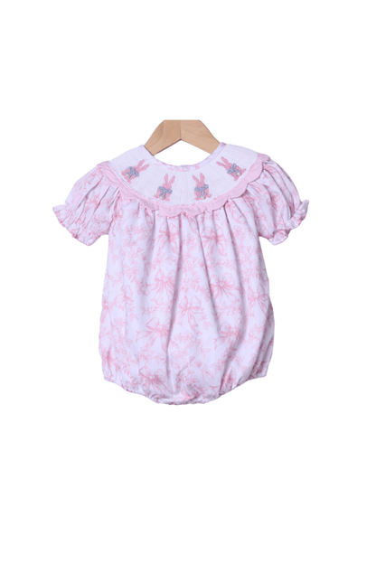 The Smocked Flamingo Apparel & Accessories Smocked Bunny Pink Toile Pearl Scalloped Bubble