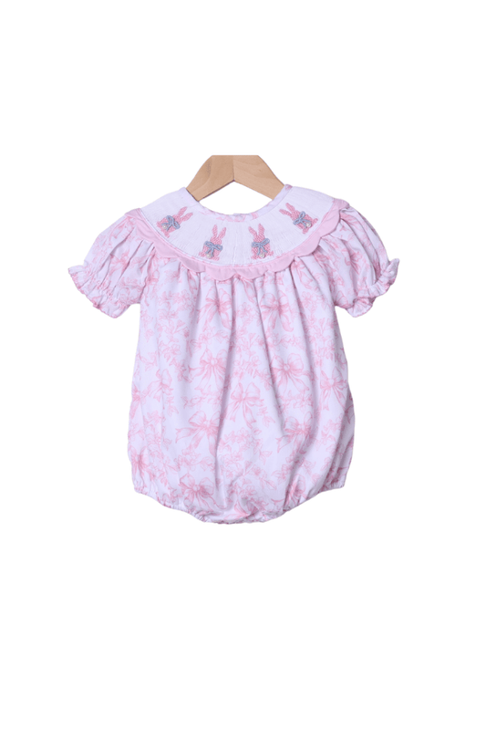 The Smocked Flamingo Apparel & Accessories Smocked Bunny Pink Toile Pearl Scalloped Bubble