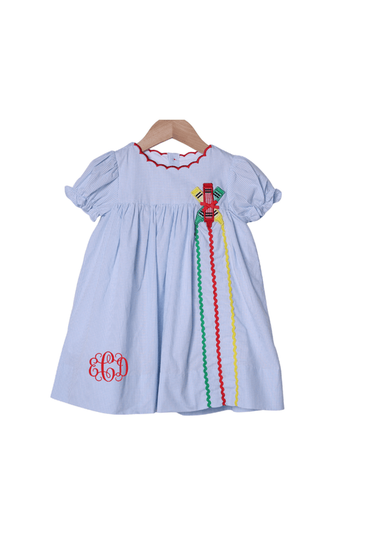 The Smocked Flamingo Apparel & Accessories Applique Crayon Blue Gingham Dress