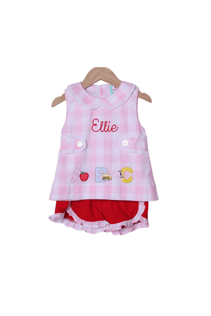 The Smocked Flamingo Apparel & Accessories Applique ABC Pink Buffalo Check Short Set