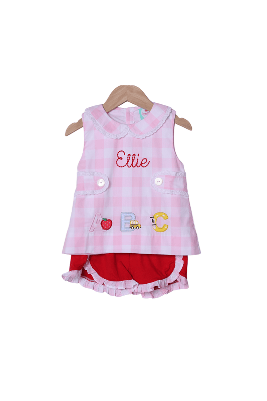 The Smocked Flamingo Apparel & Accessories Applique ABC Pink Buffalo Check Short Set