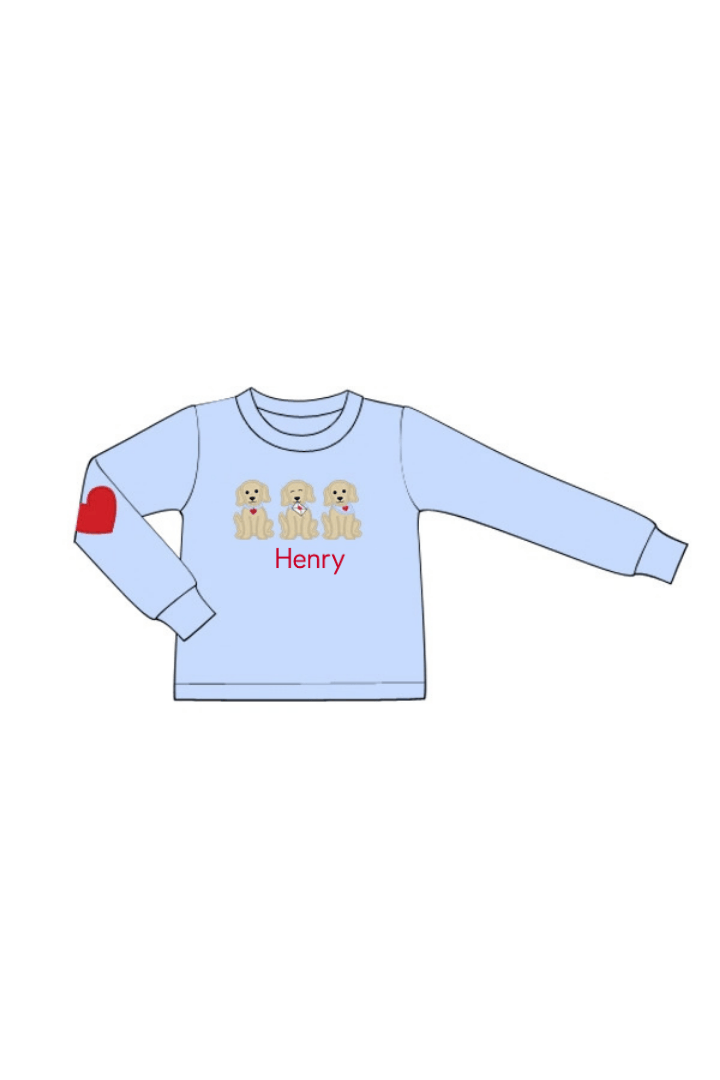 The Smocked Flamingo Apparel & Accessories Applique Sweet Puppies Blue Knit Shirt
