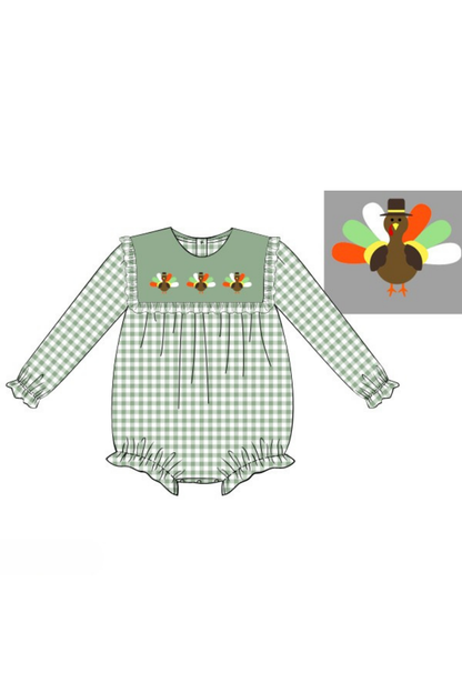 Embroidered Turkey Sage Green Gingham Bubble