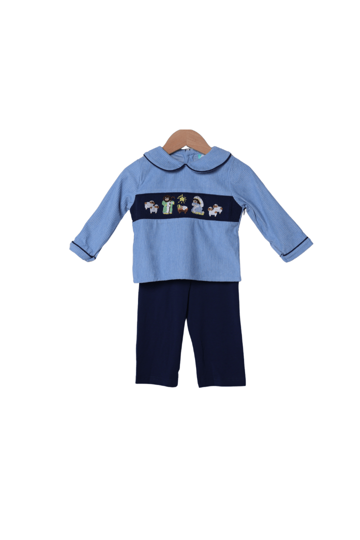 The Smocked Flamingo Apparel & Accessories Smocked Nativity Blue Corduroy Peter Pan Collar Pant Set
