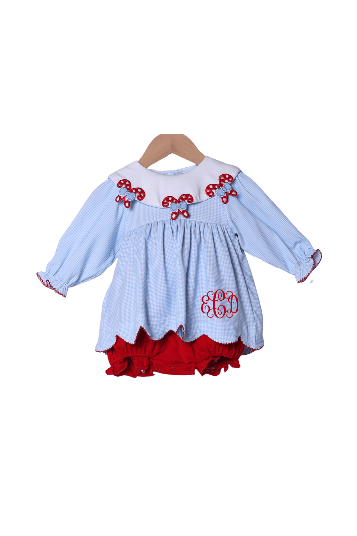 The Smocked Flamingo Children's Clothing Blue Gingham Candy Cane Collar Scalloped Skirted Bubble