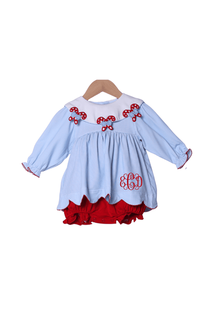 The Smocked Flamingo Children's Clothing Blue Gingham Candy Cane Collar Scalloped Skirted Bubble