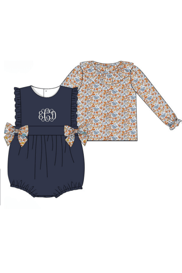 The Smocked Flamingo Apparel & Accessories Fall Floral Navy Corduroy 2 pc Bubble