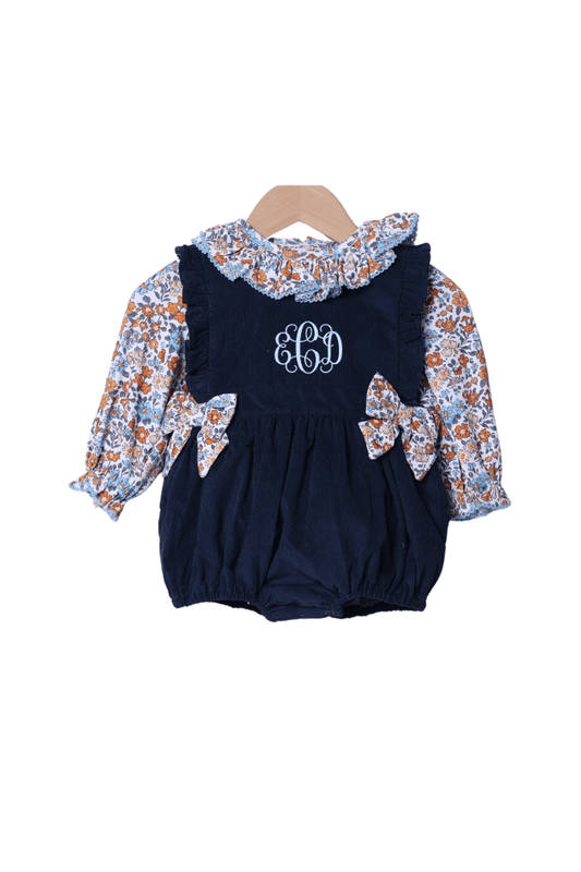 The Smocked Flamingo Children's Clothing Navy Corduroy Fall Floral and Blue 2 pc Bubble
