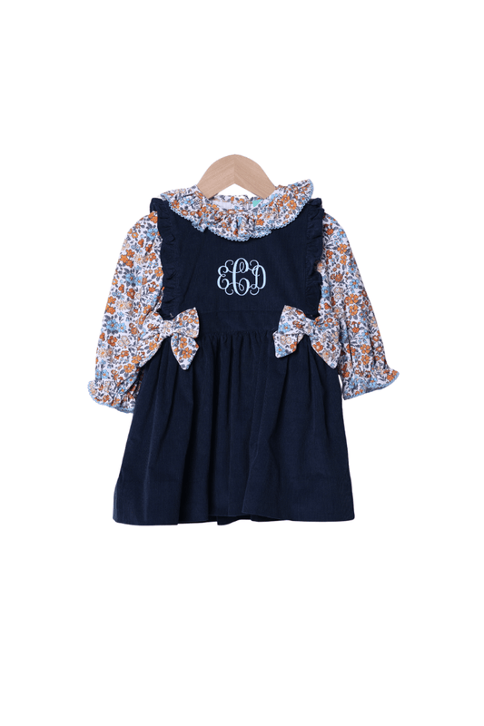 The Smocked Flamingo Children's Clothing Navy Corduroy Fall Floral and Blue 2 pc Dress