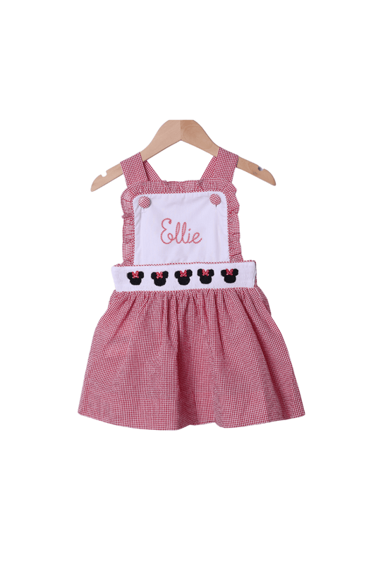 The Smocked Flamingo Apparel & Accessories Embroidered Mouse Red Gingham Sun Dress