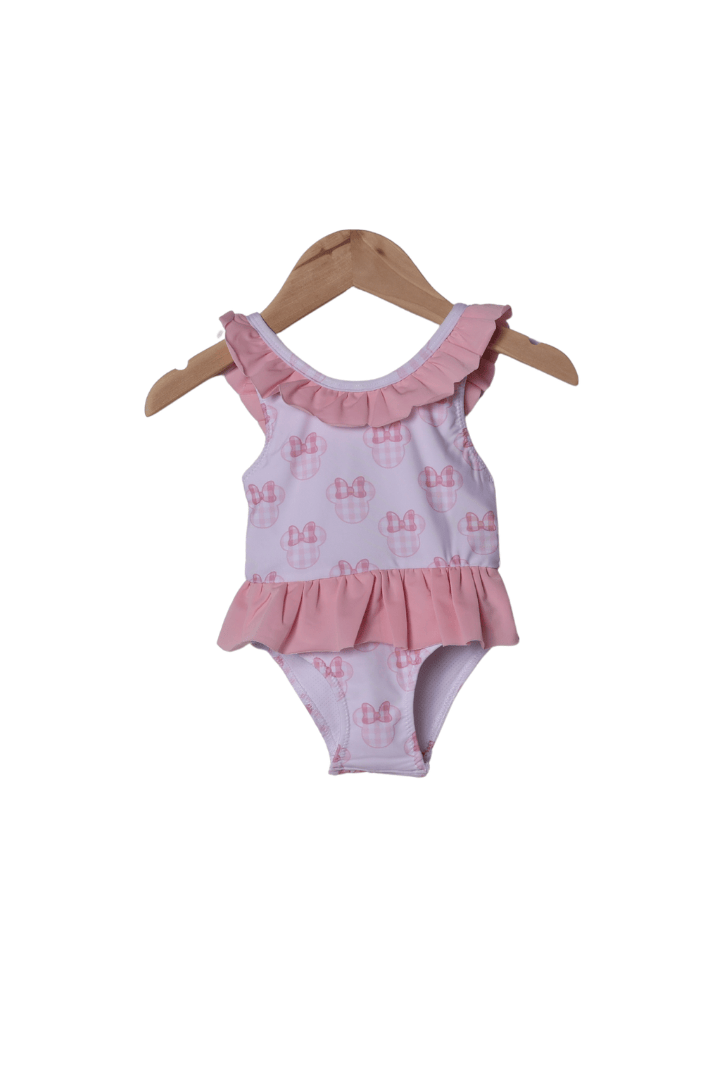 The Smocked Flamingo Apparel & Accessories Pink Gingham Mouse Ruffle Swimsuit