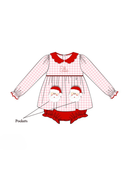The Smocked Flamingo Apparel & Accessories 101-Pre-Order Applique Santa Pocket Pink/Red Gingham Skirted Bubble