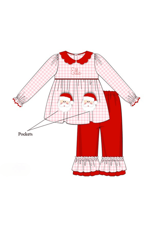 The Smocked Flamingo Apparel & Accessories 102-Pre-Order Applique Santa Pocket Pink/Red Gingham Pant Set