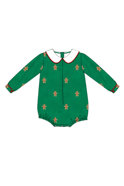 The Smocked Flamingo Apparel & Accessories 19-Pre-Order Embroidered Gingerbread Man Green Corduroy Bubble