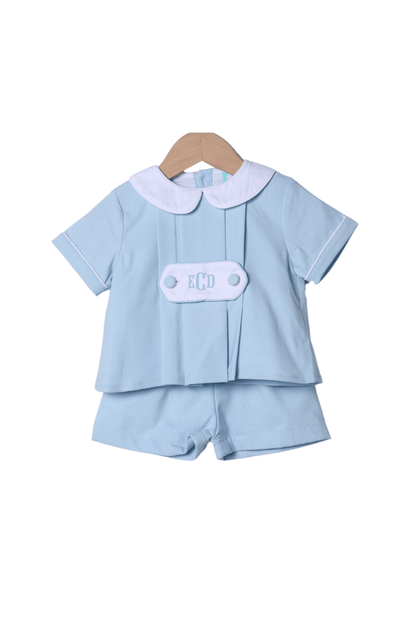 The Smocked Flamingo Apparel & Accessories 2 Tab Bullion Bunny Blue Linen Short Set