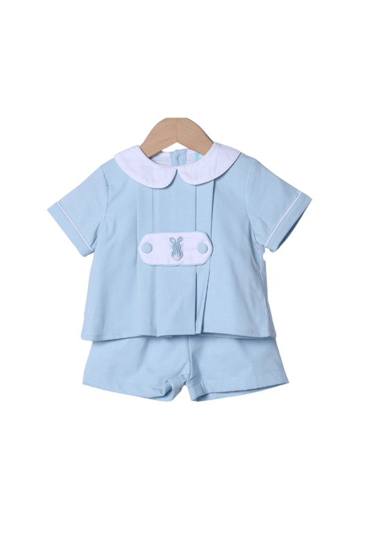 The Smocked Flamingo Apparel & Accessories 2 Tab Bullion Bunny Blue Linen Short Set