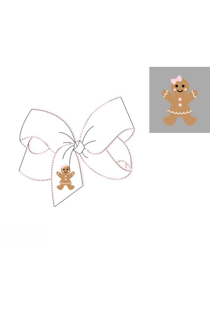 The Smocked Flamingo Apparel & Accessories 24-Pre-Order Embroidered Gingerbread Scalloped Edge Grosgrain Bow White/Pink