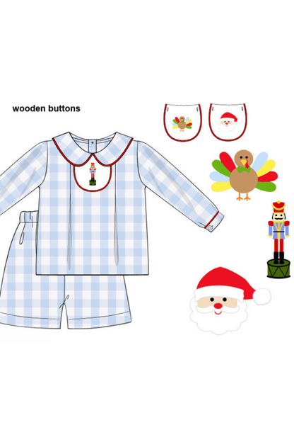 The Smocked Flamingo Apparel & Accessories 3-1 Interchangeable Holiday Blue Gingham BOY Short Set