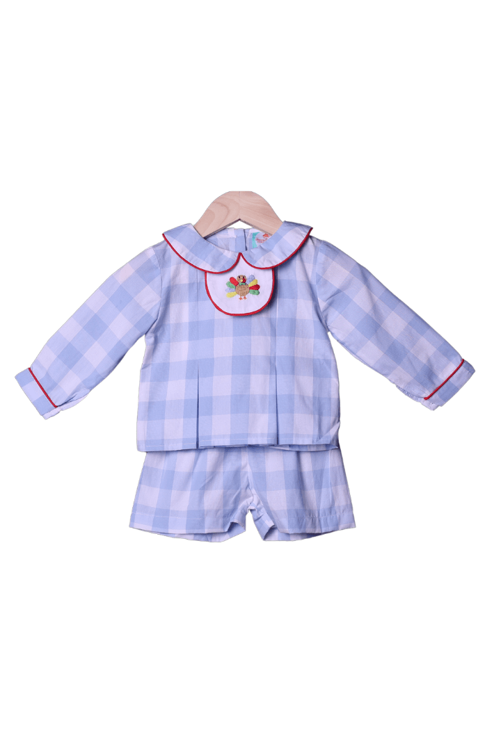 The Smocked Flamingo Apparel & Accessories 3-1 Interchangeable Holiday Blue Gingham BOY Short Set