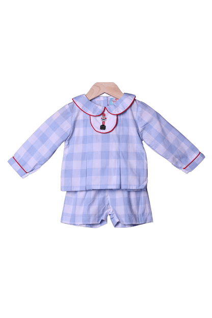 The Smocked Flamingo Apparel & Accessories 3-1 Interchangeable Holiday Blue Gingham BOY Short Set