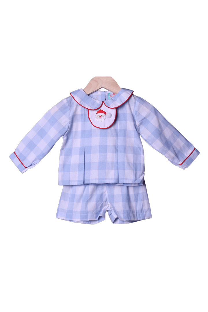 The Smocked Flamingo Apparel & Accessories 3-1 Interchangeable Holiday Blue Gingham BOY Short Set