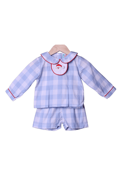 The Smocked Flamingo Apparel & Accessories 3-1 Interchangeable Holiday Blue Gingham BOY Short Set