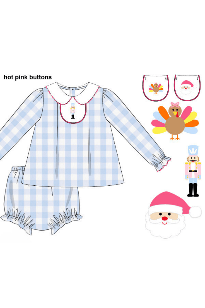 The Smocked Flamingo Apparel & Accessories 3-1 Interchangeable Holiday Blue/Pink Gingham Bloomer Set