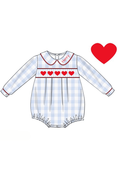 The Smocked Flamingo Apparel & Accessories 3-Pre-Order Smocked Heart Blue Gingham Bubble