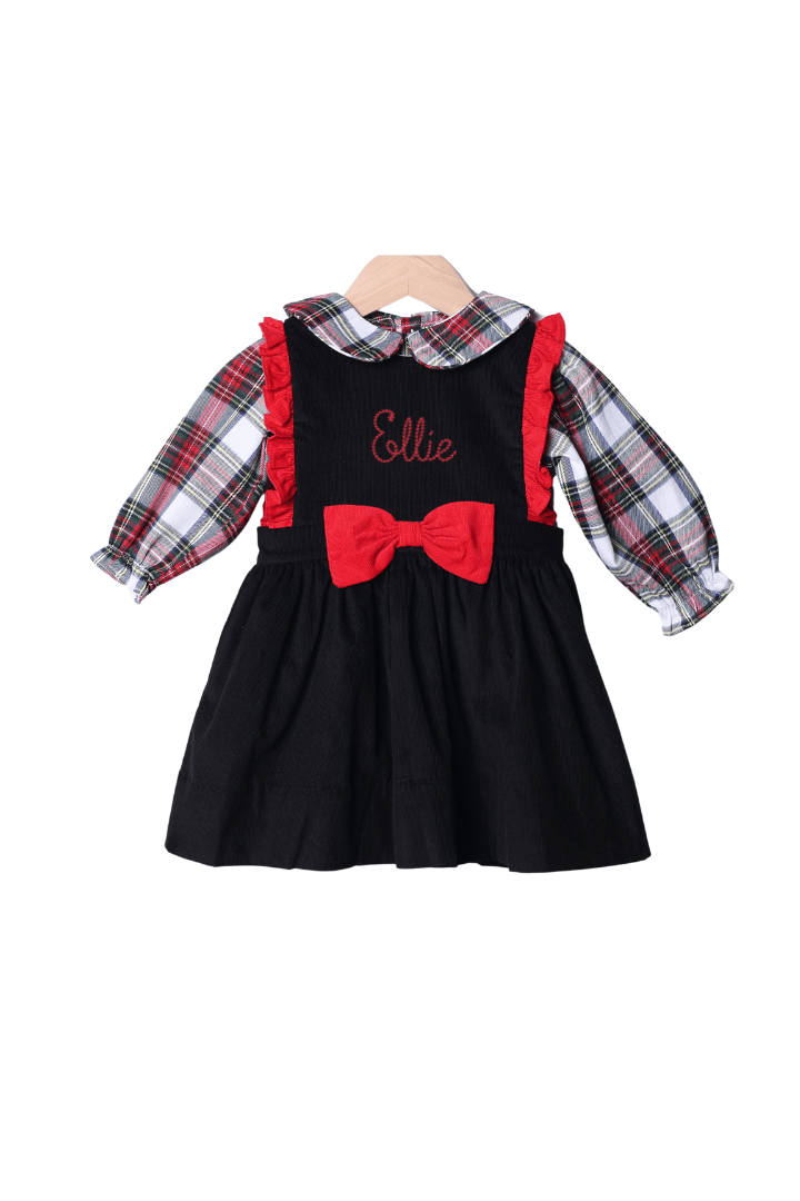 The Smocked Flamingo Apparel & Accessories 47 Christmas Plaid Red and Black Corduroy 2pc Dress