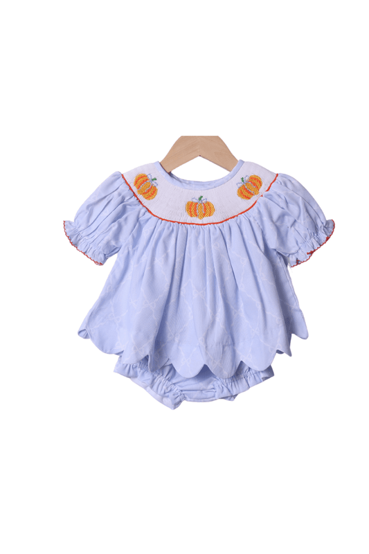The Smocked Flamingo Apparel & Accessories 6 Smocked Blue Trellis Pumpkin Bloomer Set