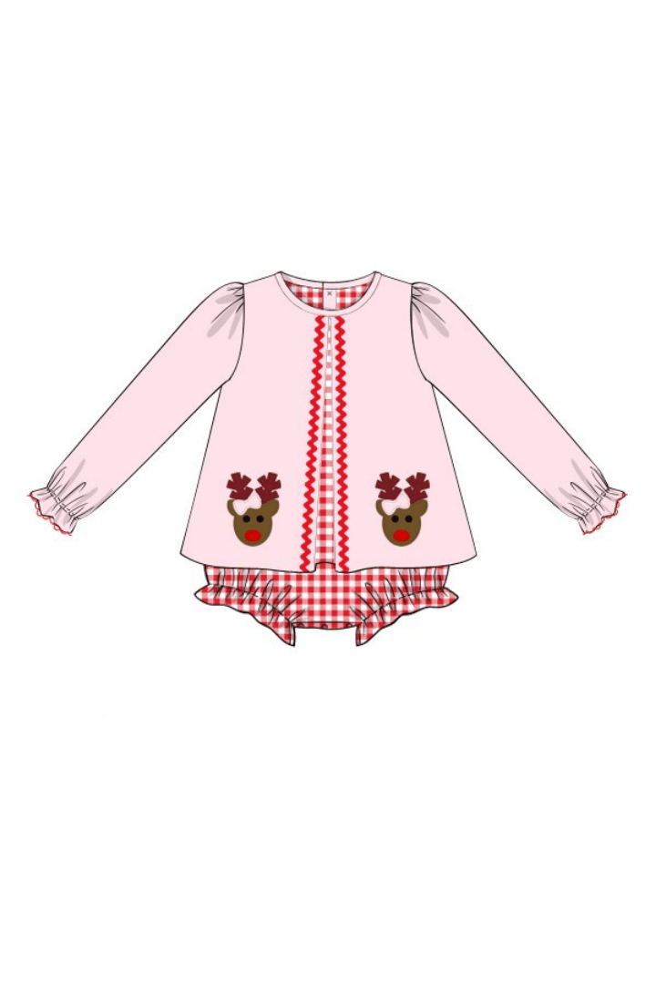 The Smocked Flamingo Apparel & Accessories 77-Pre-Order Applique Rudolph The Red  Nosed Reindeer Skirted Bubble