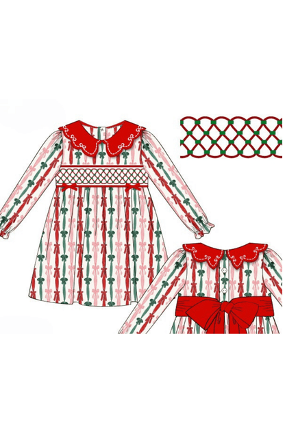 The Smocked Flamingo Apparel & Accessories 81-Pre-Order Heirloom Smocked Christmas Bows Dress