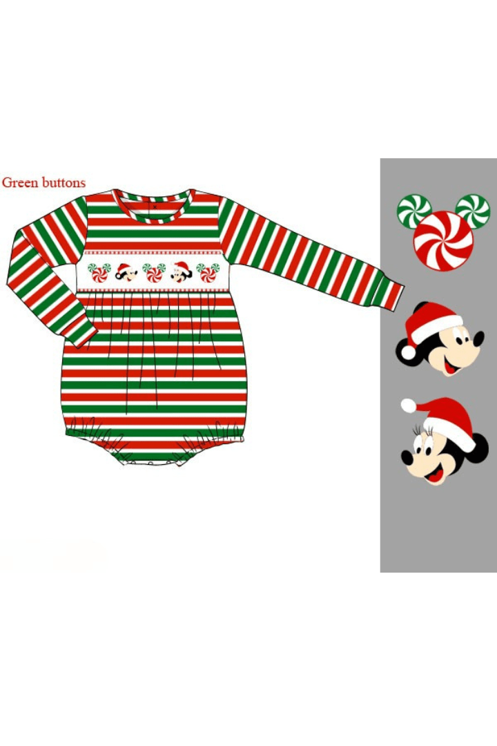 The Smocked Flamingo Apparel & Accessories 98-Pre-Order Smocked Santa Mouse Red/Green Stripe Bubble