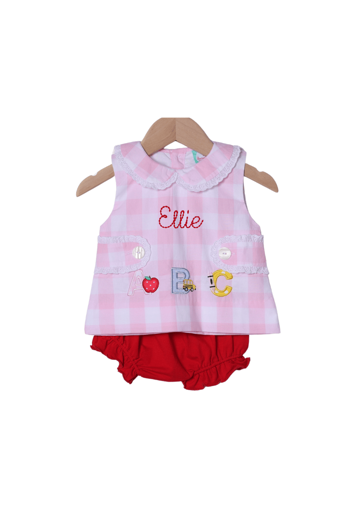 The Smocked Flamingo Apparel & Accessories Applique ABC Pink Buffalo Check Bloomer Set