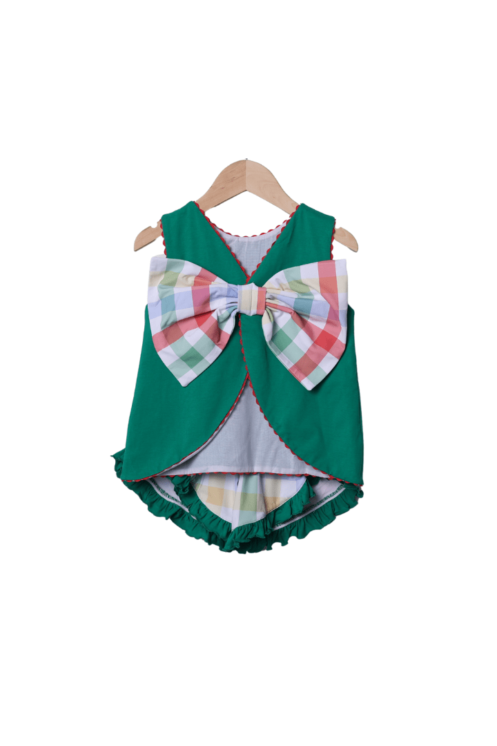The Smocked Flamingo Apparel & Accessories Applique Apple Back to School Plaid Ruffle Short Set