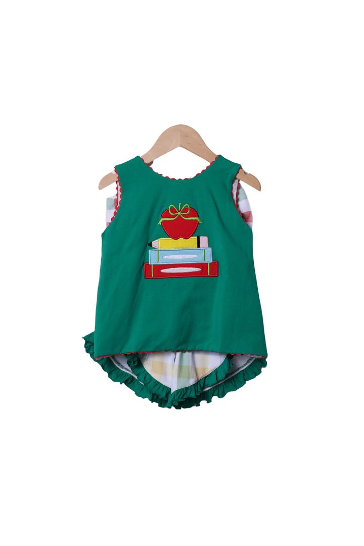 The Smocked Flamingo Apparel & Accessories Applique Apple Back to School Plaid Ruffle Short Set