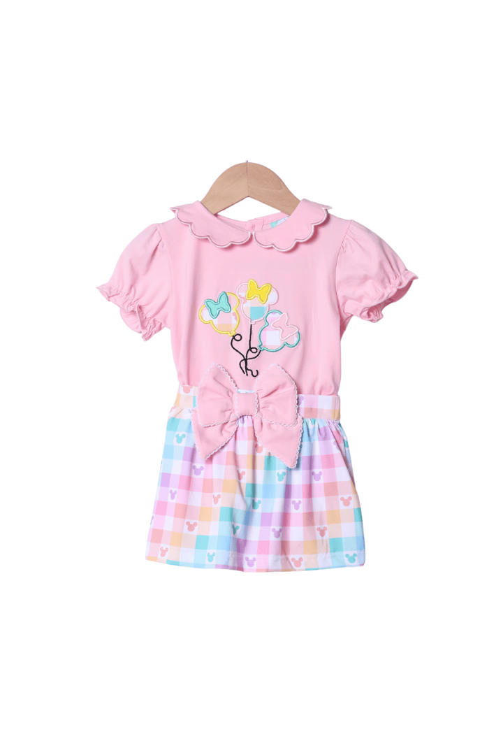 The Smocked Flamingo Apparel & Accessories Applique Balloons Gingham Pastel Mouse Skort Set