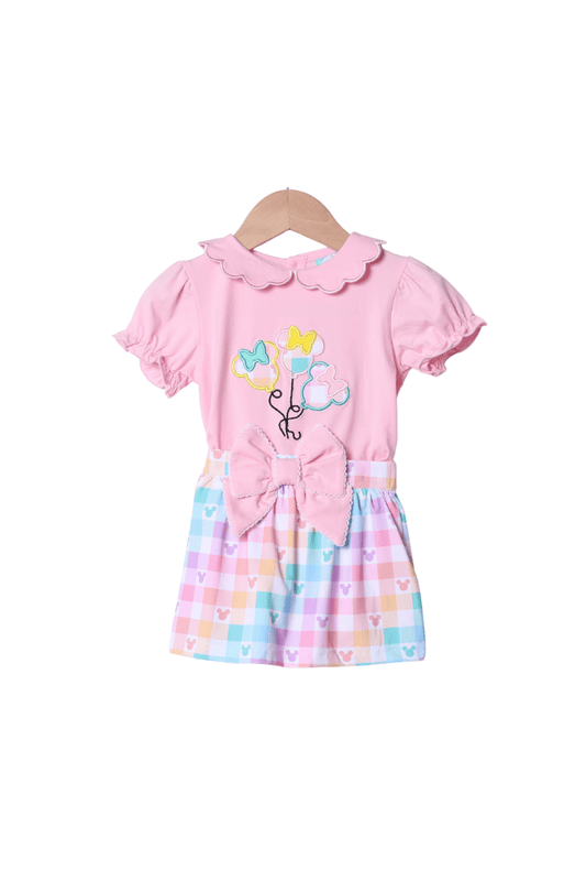 The Smocked Flamingo Apparel & Accessories Applique Balloons Gingham Pastel Mouse Skort Set