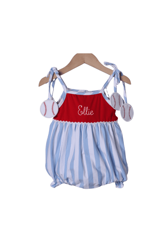 The Smocked Flamingo Apparel & Accessories Applique Baseball Blue Stripe Bubble