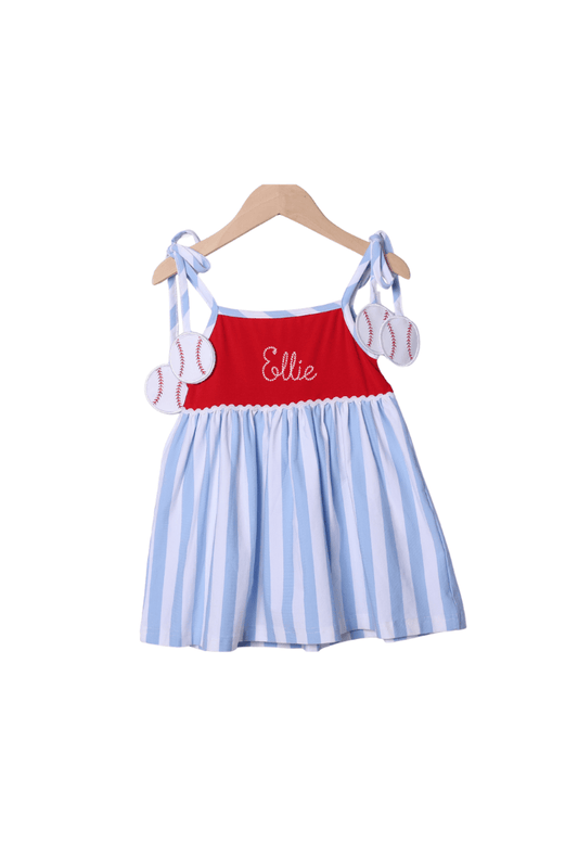 The Smocked Flamingo Apparel & Accessories Applique Baseball Blue Stripe Dress