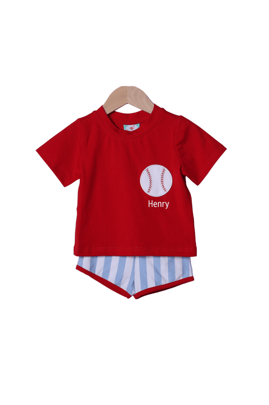 The Smocked Flamingo Apparel & Accessories Applique Baseball Blue Stripe Short Set