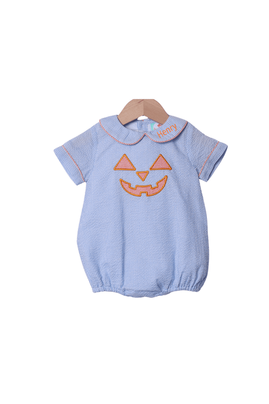 The Smocked Flamingo Apparel & Accessories Applique Blue Seersucker Jack O Lantern Bubble