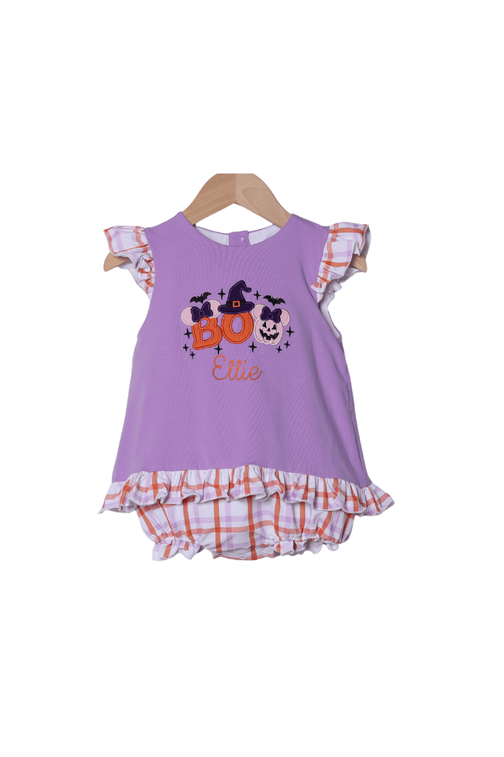 The Smocked Flamingo Apparel & Accessories Applique Boo Mouse Plaid/Purple Skirted Bubble