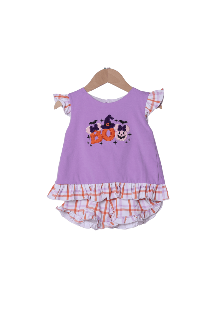 The Smocked Flamingo Apparel & Accessories Applique Boo Mouse Plaid/Purple Skirted Short Set