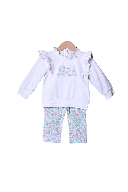 The Smocked Flamingo Apparel & Accessories Applique Bow Bitty Dot and Floral Ruffle Knit Pant Set