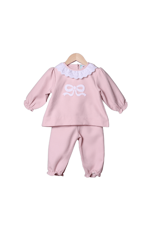 The Smocked Flamingo Apparel & Accessories Applique Bow Pink Honeycomb Pant Set