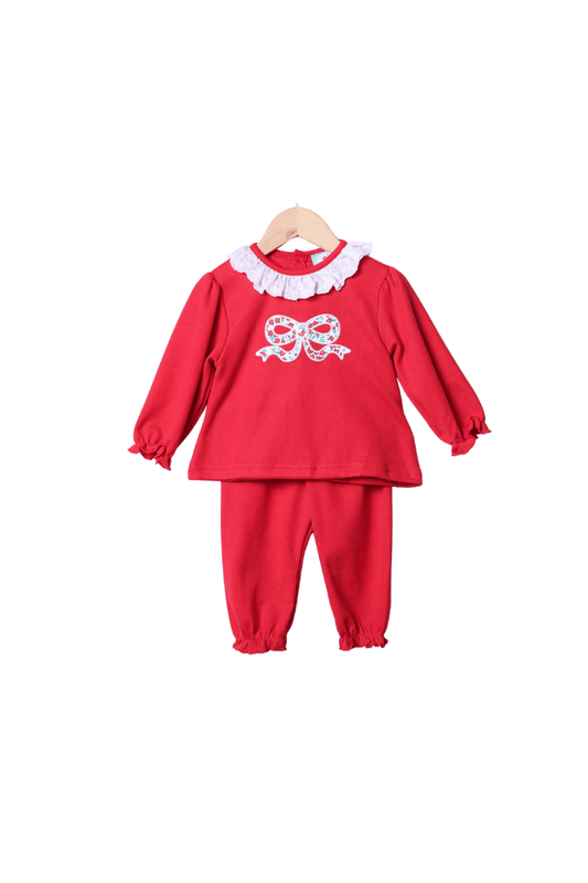The Smocked Flamingo Apparel & Accessories Applique Christmas Floral Bow Red Cardigan Pant Set